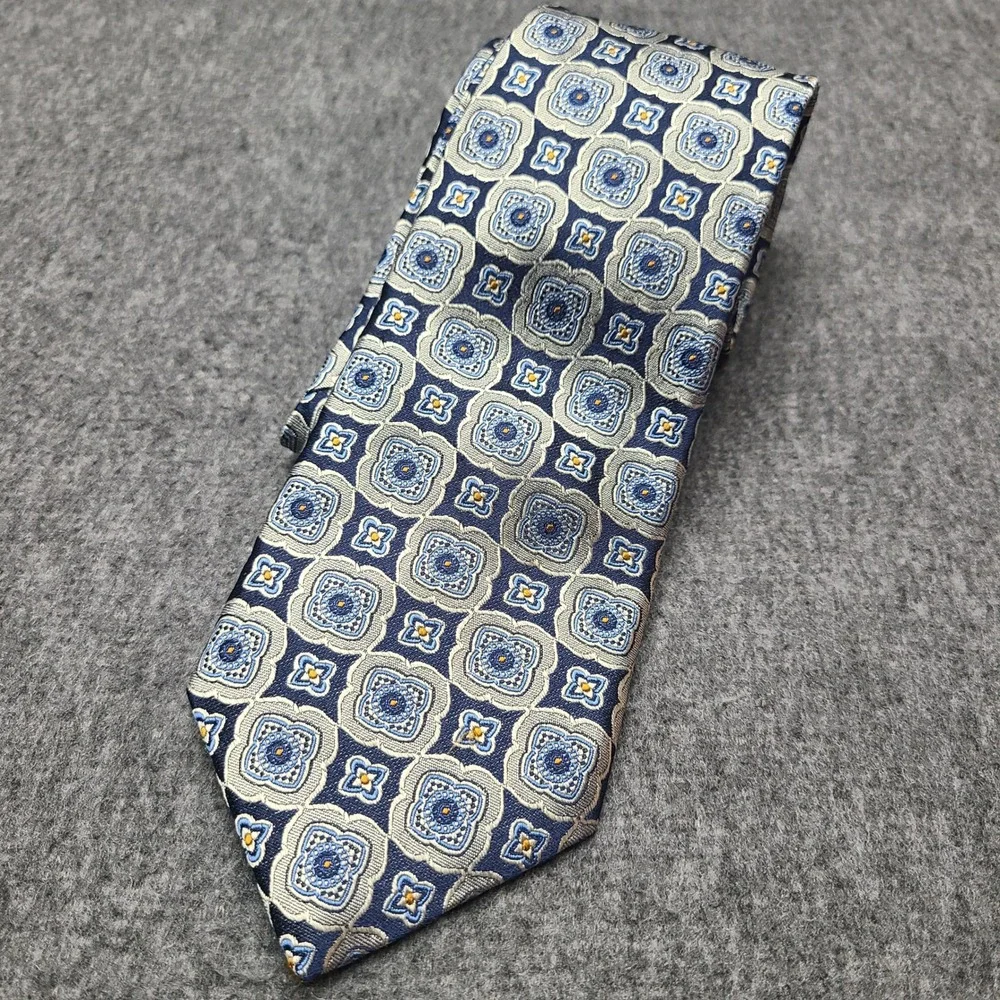 Bruno Piattelli Necktie Mens OS Blue Silver Excellent‎ Silk Geometric Medallion